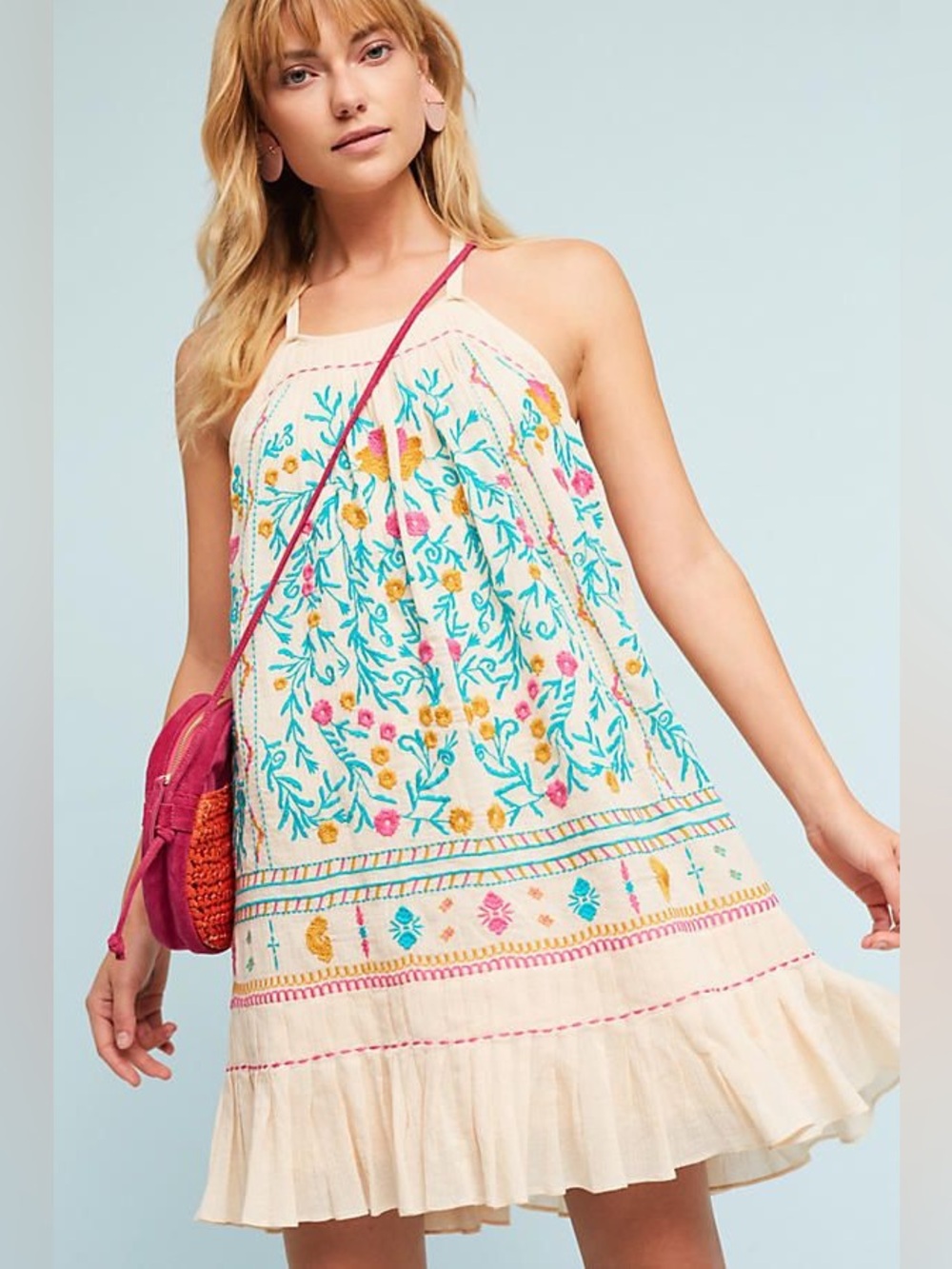 Anthropologie Vinales Swing Dress Embroidered Floral Mini in Cream